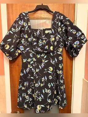 NICHOLAS Lydia Black All Over Floral Print Mini Square Neck Short Puff Sleeves